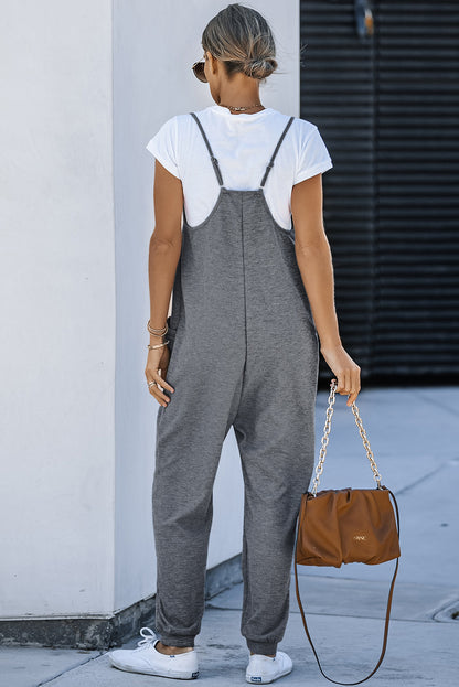 Grijze, getextureerde, mouwloze, V-hals, casual jumpsuit met zakken