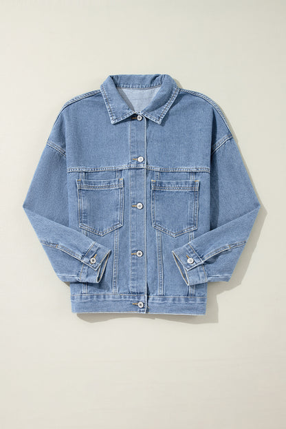 Blue Stripe Washed Oversize Pocketed Denim Jacket