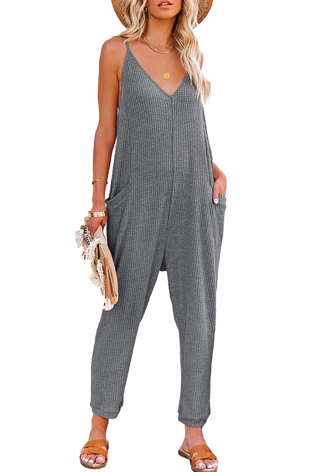 Grijze, getextureerde, mouwloze, V-hals, casual jumpsuit met zakken