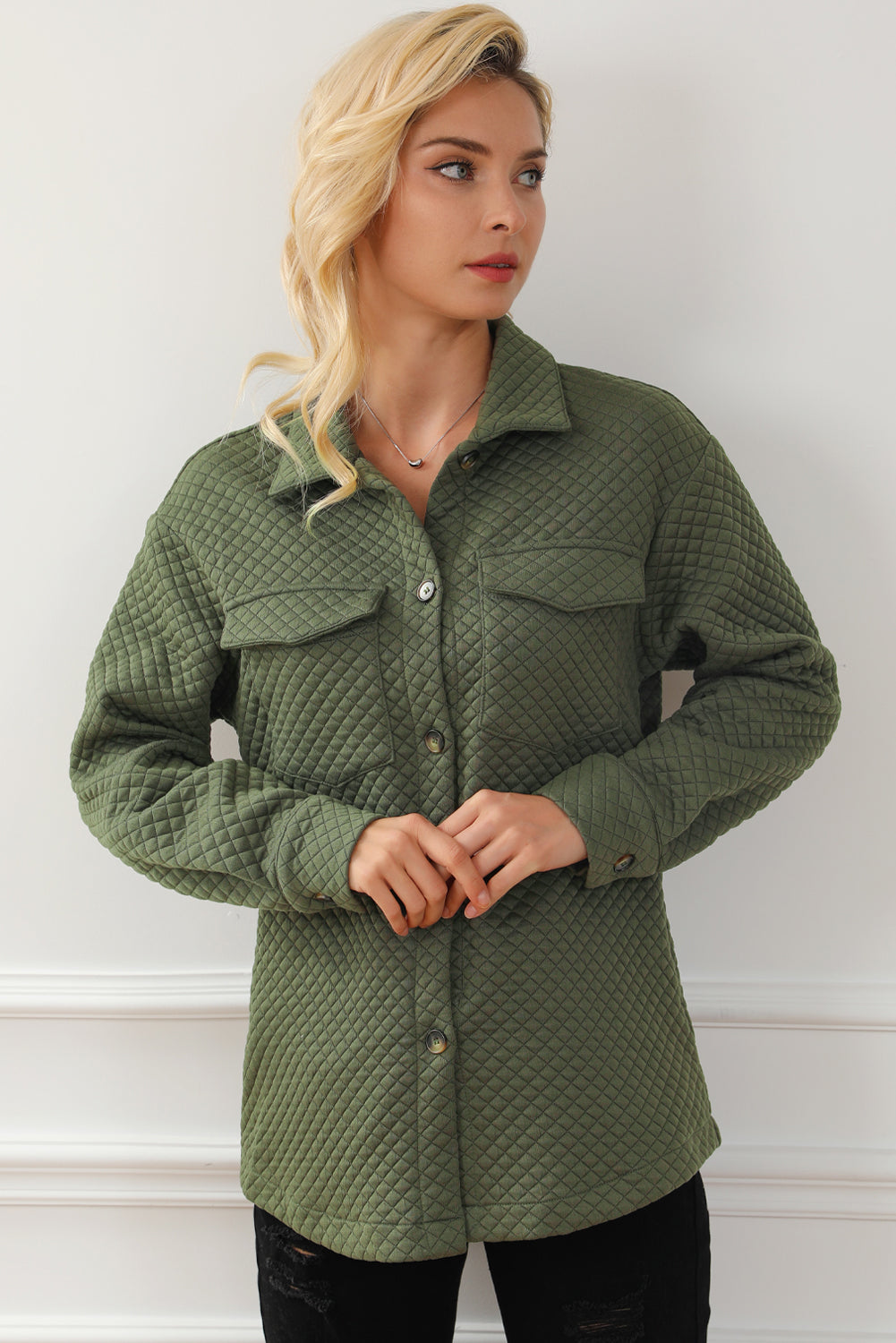 Groene Retro Quilted Flap Pocket Knoop Shacket