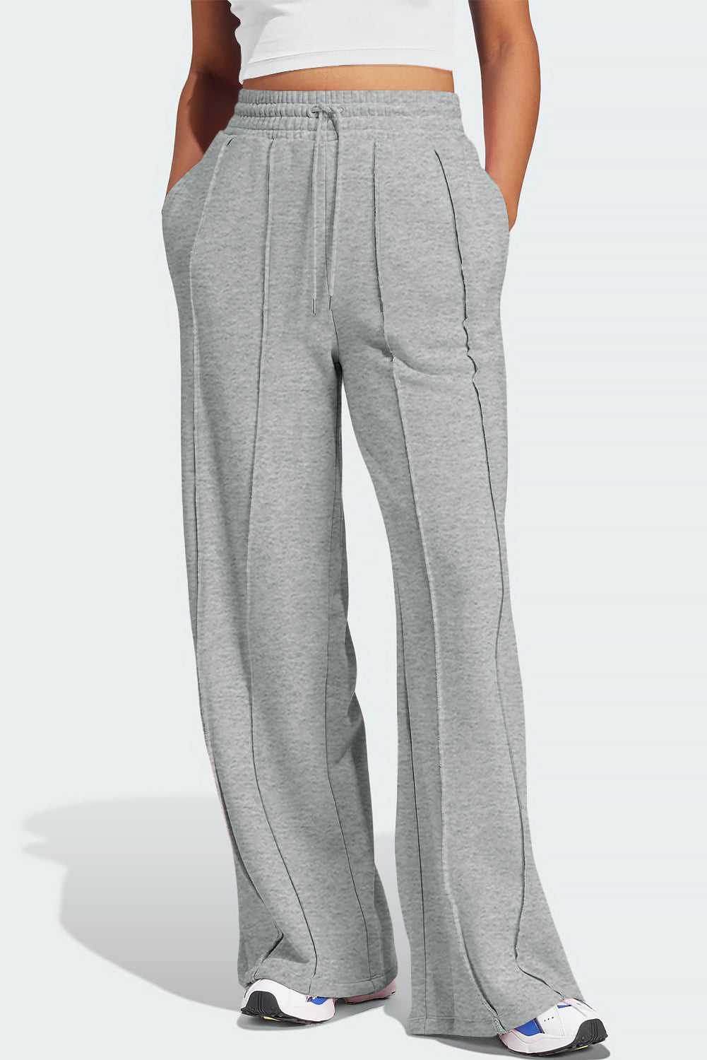 Gray Seamed Drawstring High Waist Wide Leg Sweatpants