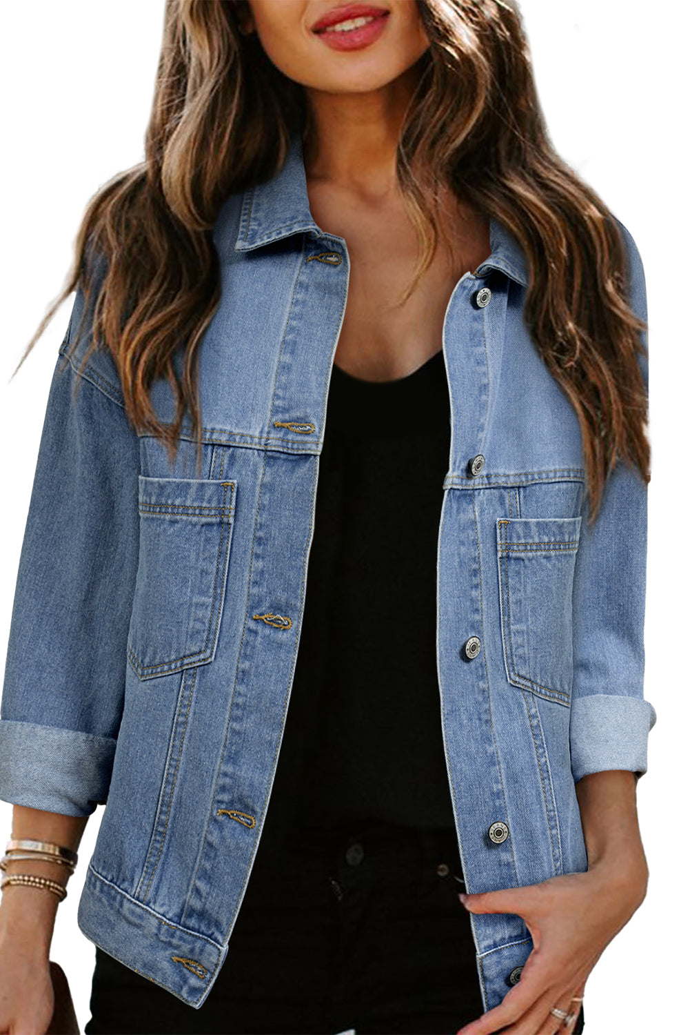 Blue Stripe Washed Oversize Pocketed Denim Jacket