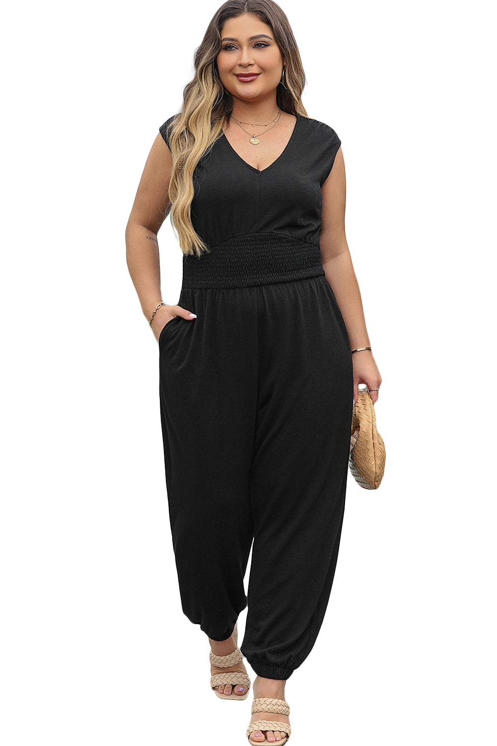 Zwarte Plus Smokwerk Hoge Taille Mouwloze V-hals Jumpsuit