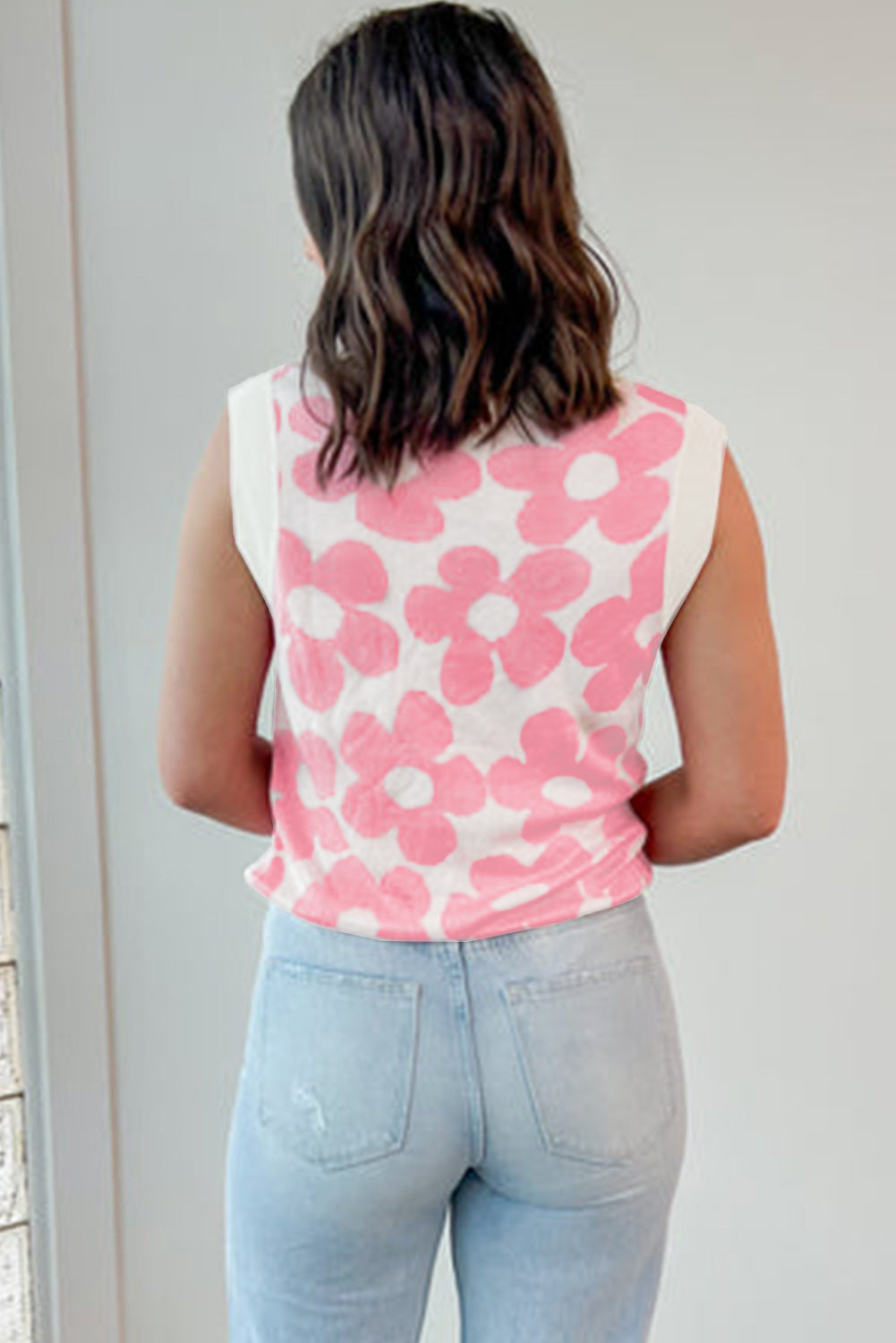 Roze schattige bloem gebreide tanktop met V-hals