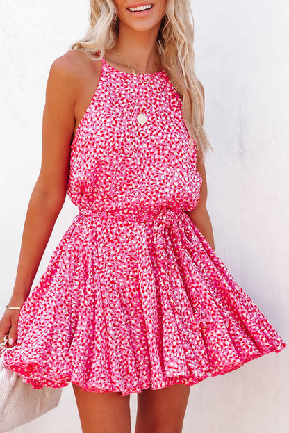 Roze luipaardprint mouwloze mini-jurk met tailleband