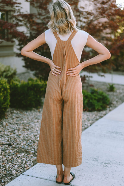 Black Striped Pleated Wide Leg Pocketed Jumpsuit