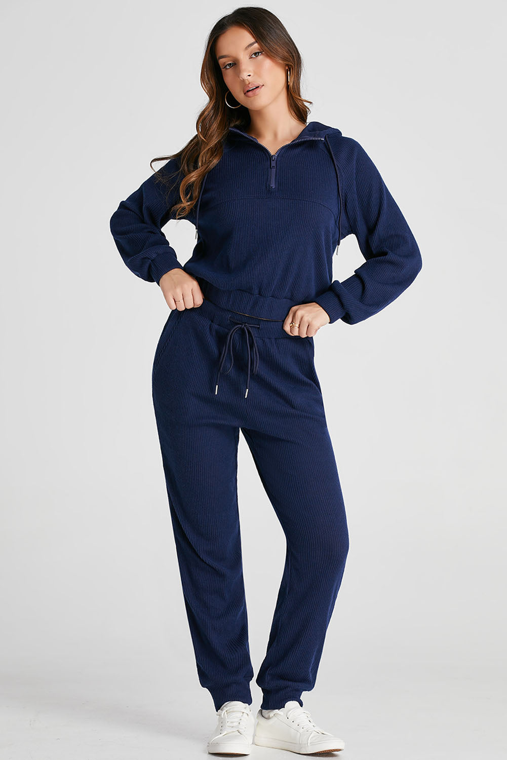 Marineblauwe geribbelde gebreide cropped hoodie en trekkoordjoggingbroekset