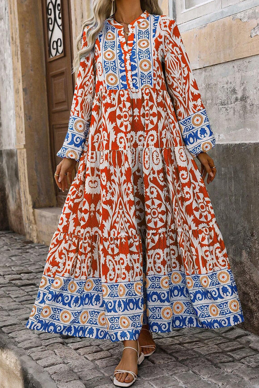 Oranje Boho Geometrisch Geprinte Lange Mouw Maxi Jurk