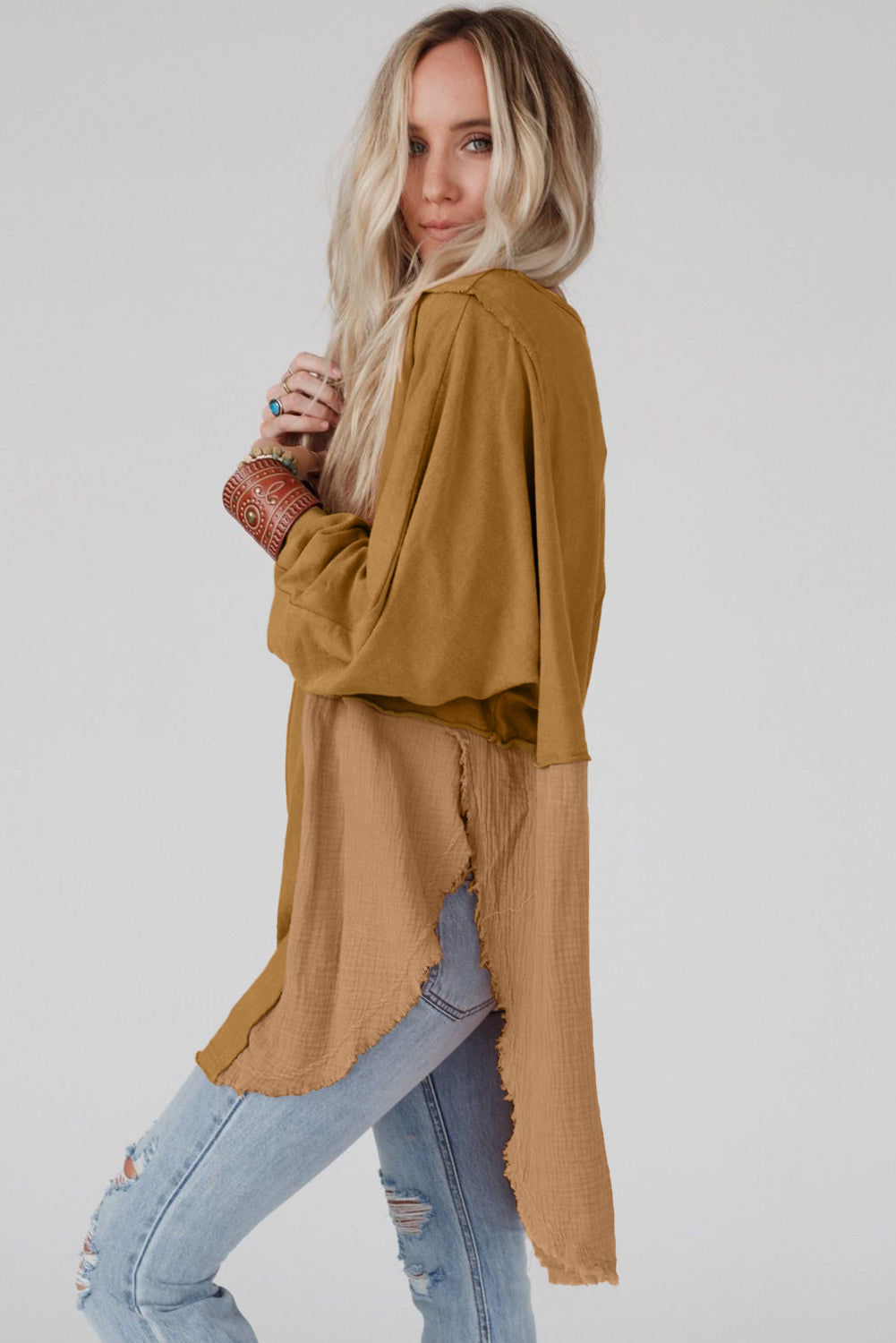 Camel Crinkle Splicing Raw Hem High Low Oversized Blouse