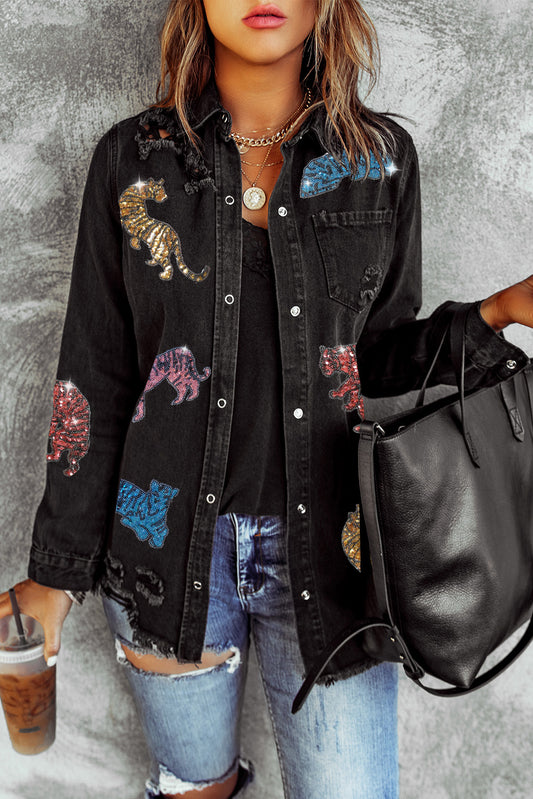 Black Sequined Tigers Graphic Raw Hem Frayed Denim Jacket