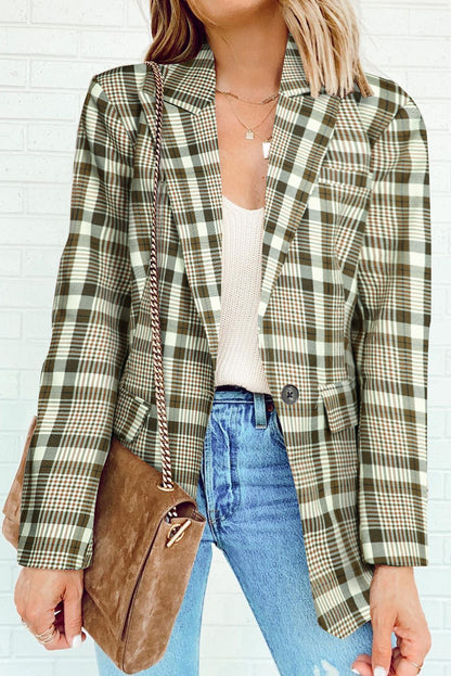 Khaki Plaid Print Lapel Collar Buttoned Blazer