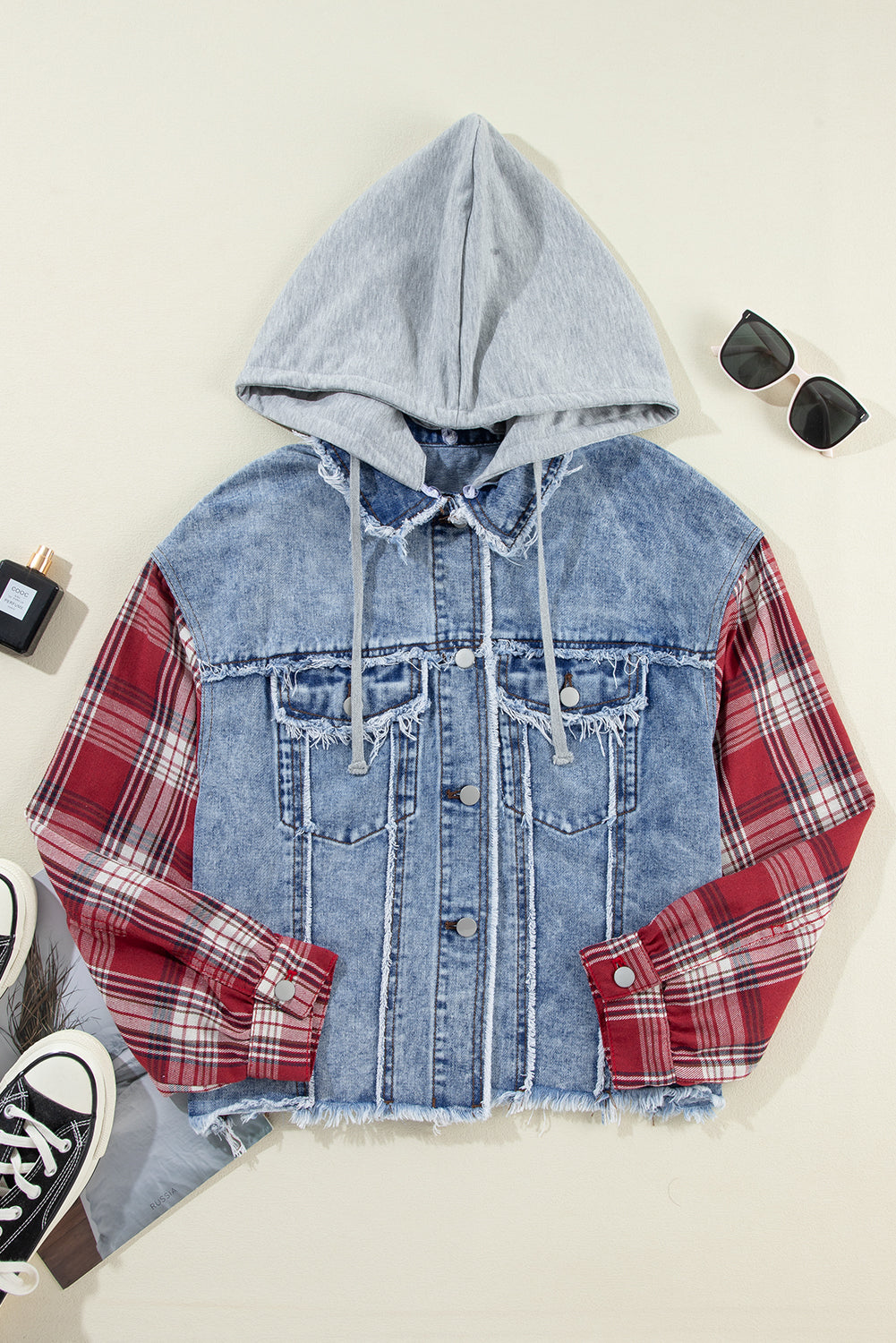 Beau Blue Plaid Print Patchwork Hooded Raw Hem Denim Jack