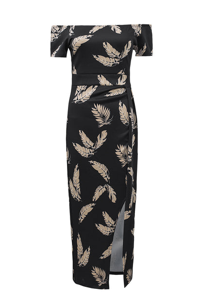 Zwarte patroonprint off shoulder split bodycon midi-jurk