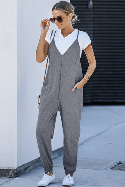 Grijze, getextureerde, mouwloze, V-hals, casual jumpsuit met zakken