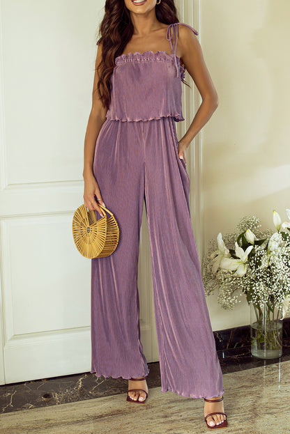 Rose Tan Solid Zelfstrikkende Bandjes Geplooide Wijde Pijpen Jumpsuit