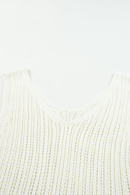 White Hollowed Knit V Neck Tank Top