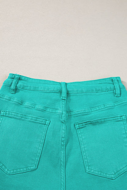 Turquoise Frayed Edge Mid Rise Denim Shorts