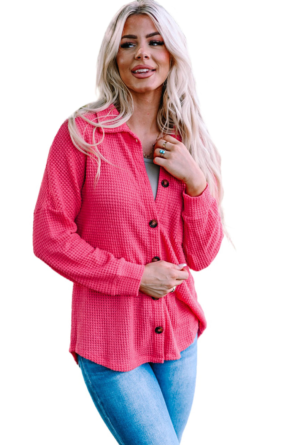 Roze wafelgebreide casual overhemd met knopen