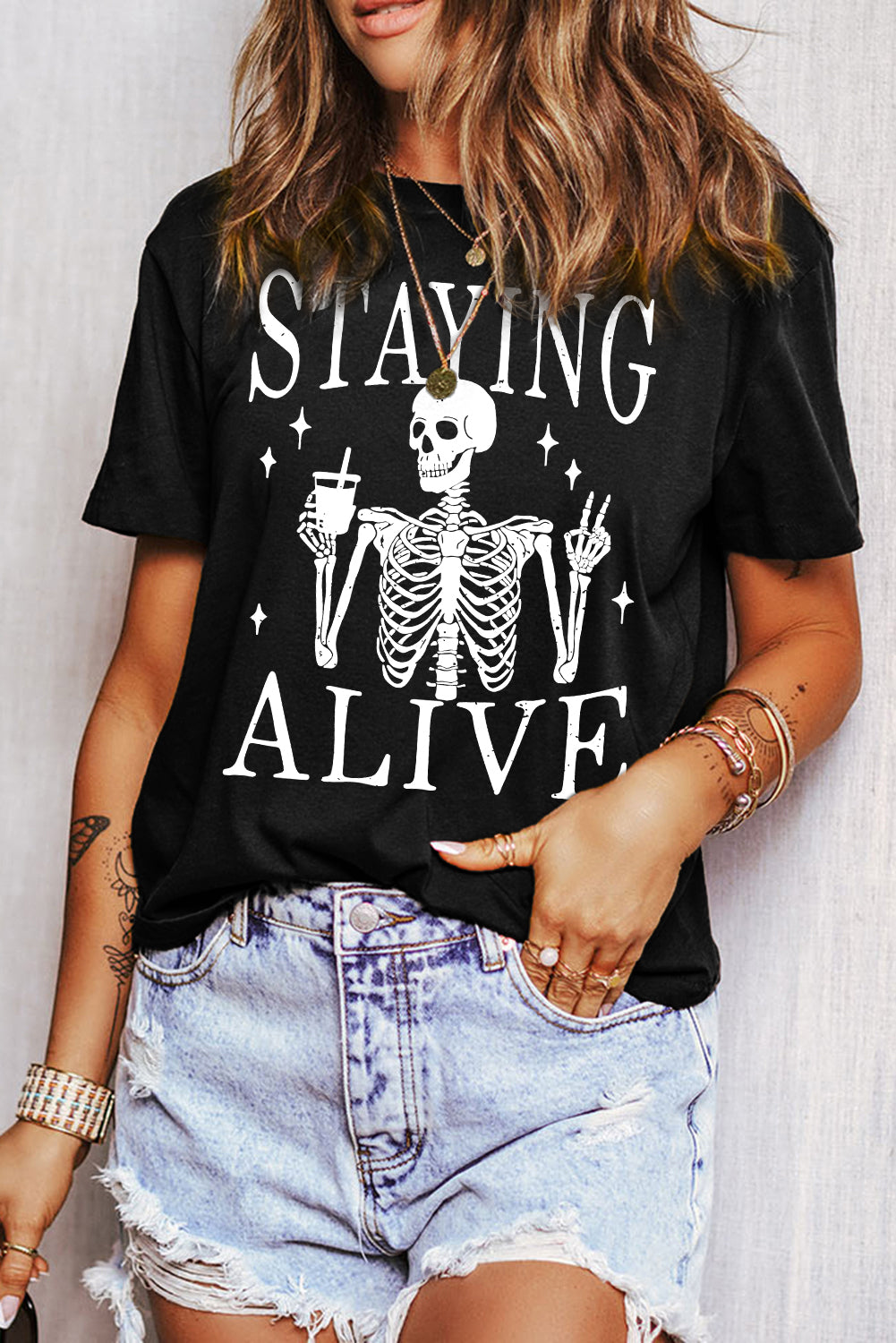 Zwart STAYING ALIVE Grappig Skelet Print Ronde Hals T-shirt