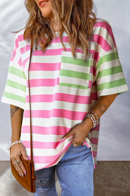 Roze streep contrast patch zak drop mouw T-shirt