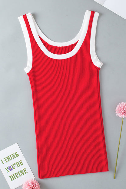 Zwarte geribbelde tanktop met U-hals en geribbelde rand met zwarte colorblock-rand