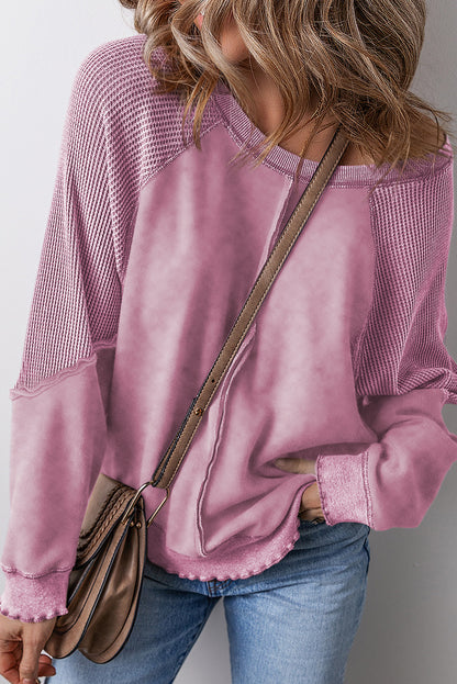 Licht Frans beige effen wafel gebreide patchwork raglanmouw sweatshirt