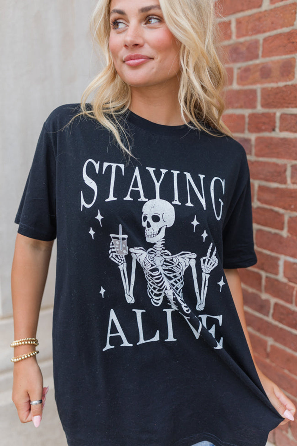 Zwart STAYING ALIVE Grappig Skelet Print Ronde Hals T-shirt