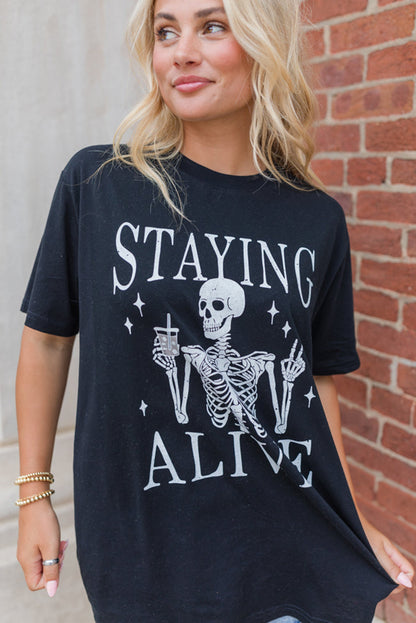 Zwart STAYING ALIVE Grappig Skelet Print Ronde Hals T-shirt