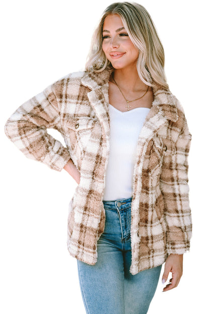 Khaki Sherpa Plaid-jas met knoopsluiting en zakken