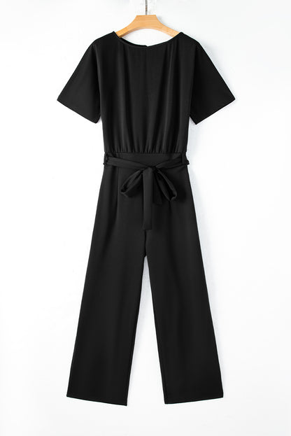 Blauwe jumpsuit met wijde pijpen en riem