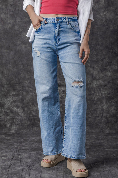 Lichtblauwe High Rise Distressed Straight Leg Jeans