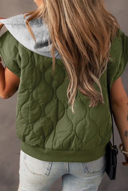 Zwarte gewatteerde trekkoord capuchon puffer vest met rits