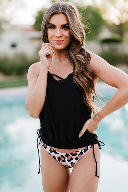 Leopard Tankini with Stripes Patchwork