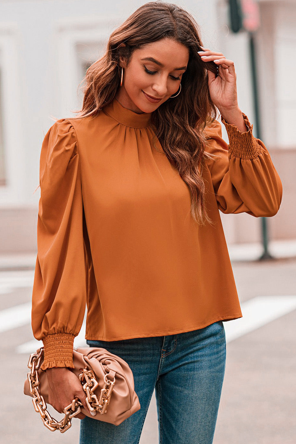 Oranje lange bubbelmouw nephals chiffon blouse