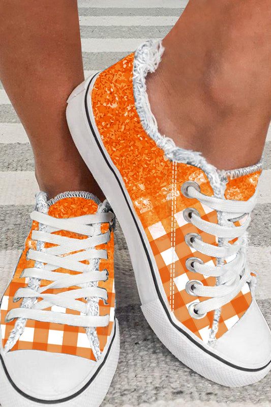 Oranje geruite platte canvas schoenen