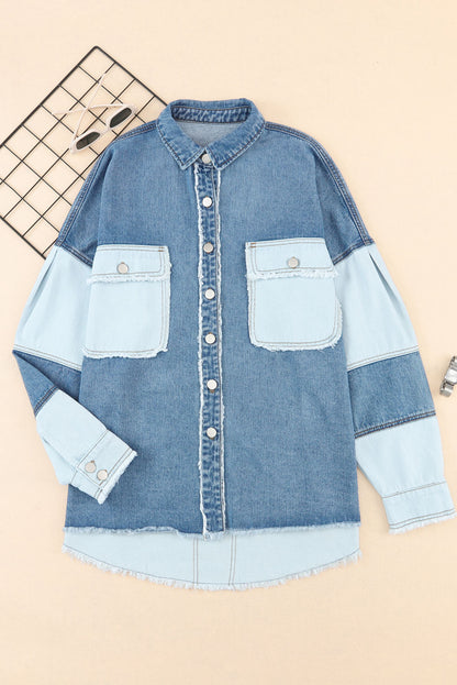 Blauwe kleurblok gerafeld patchwork oversized denim jack