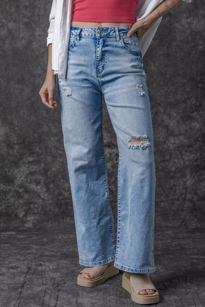 Lichtblauwe High Rise Distressed Straight Leg Jeans