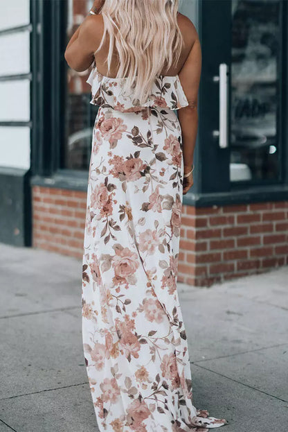 White Floral Slit Ruffled Halterneck Maxi Dress