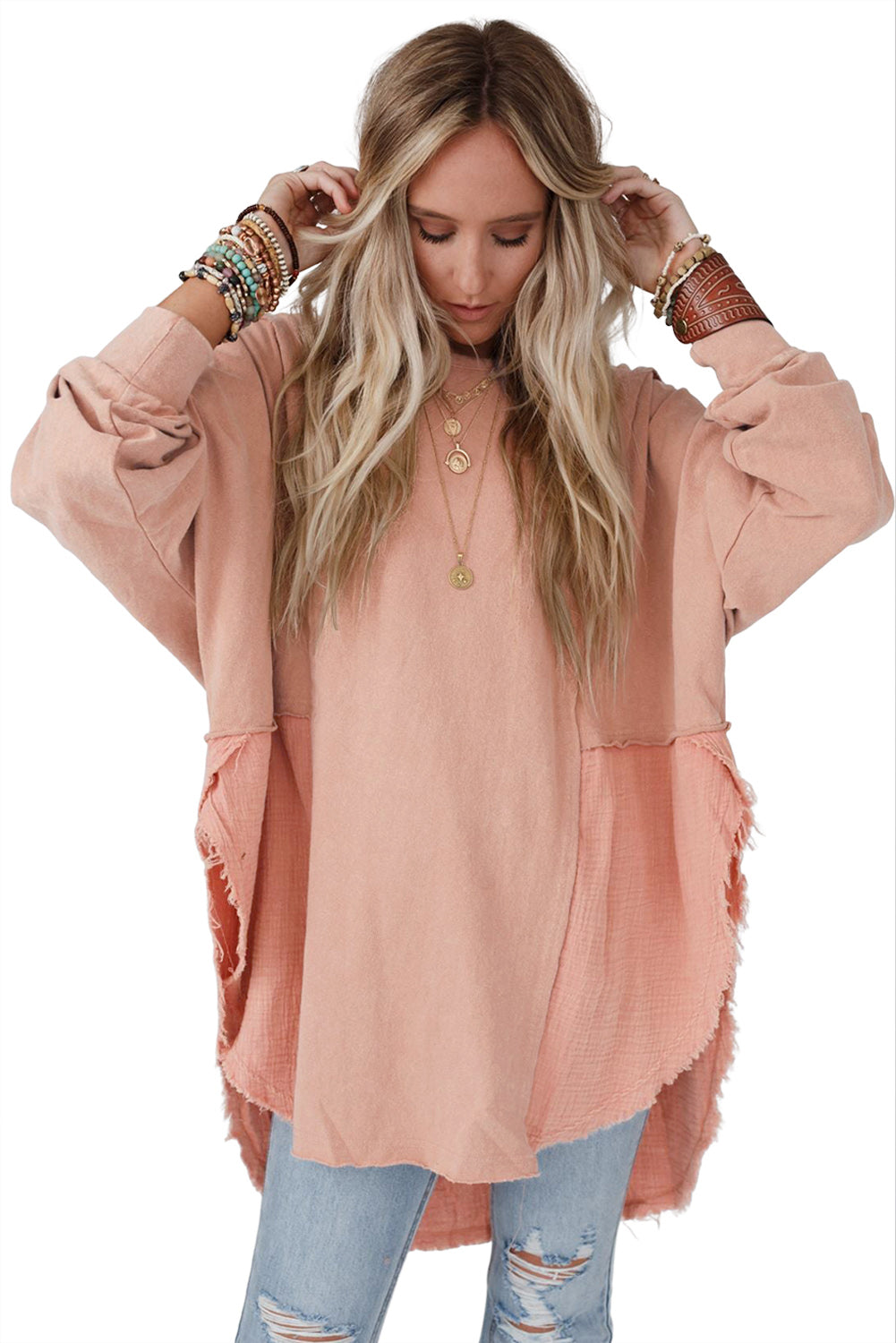 Camel Crinkle Splicing Raw Hem High Low Oversized Blouse