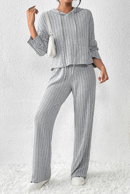 Gray Ribbed Knit Slouchy Hoodie Wide Leg Pants Set