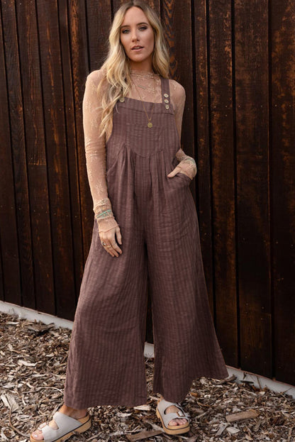 Black Striped Pleated Wide Leg Pocketed Jumpsuit