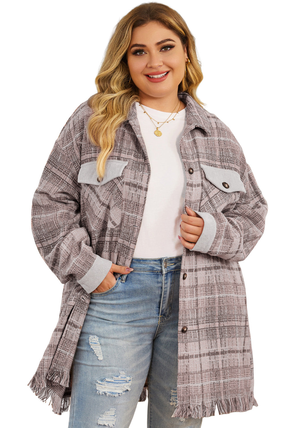 Roze Plus Size Macrame Plaid Jas