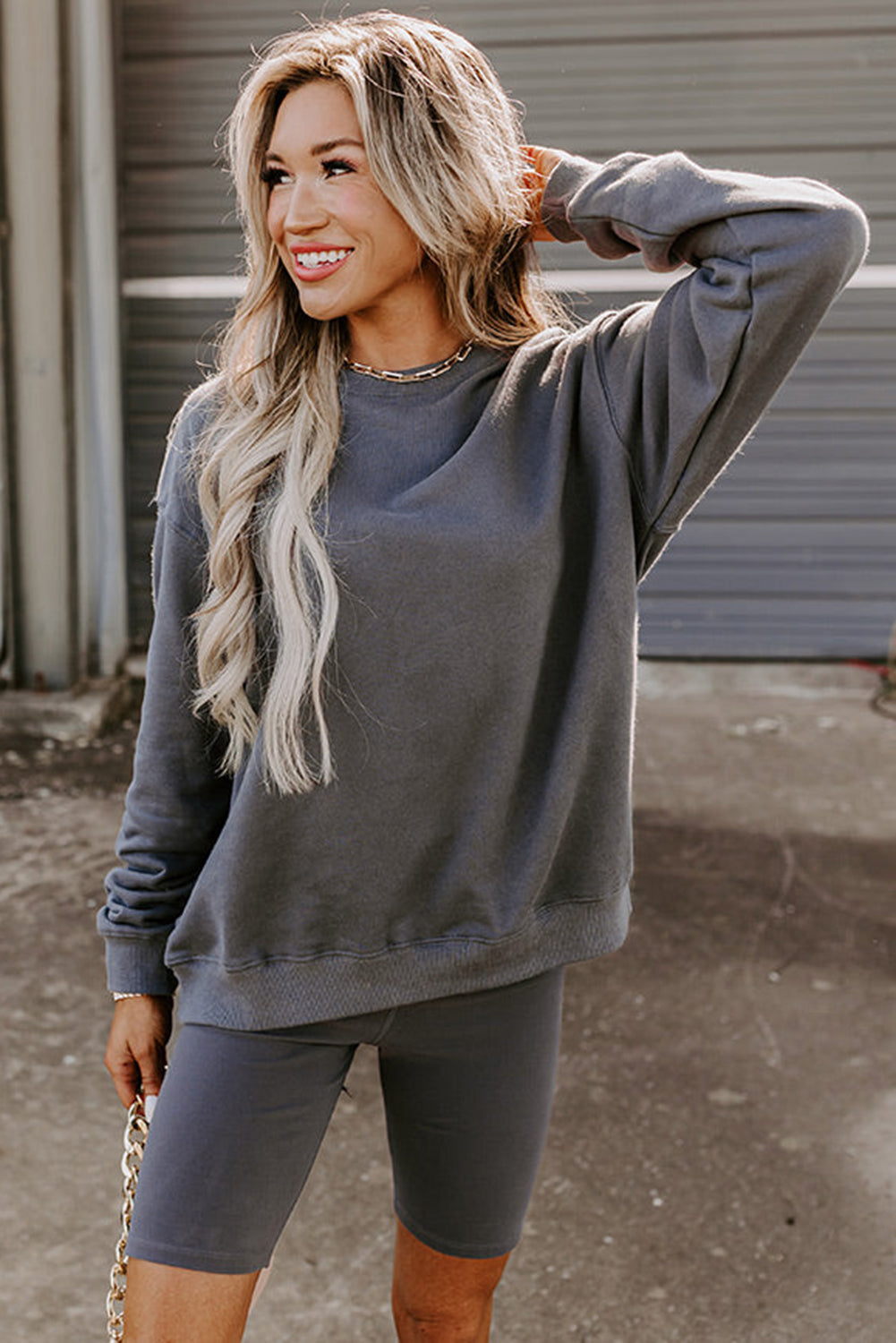 Dark Grey Solid Color Pullover and Skinny Shorts Two Piece Set