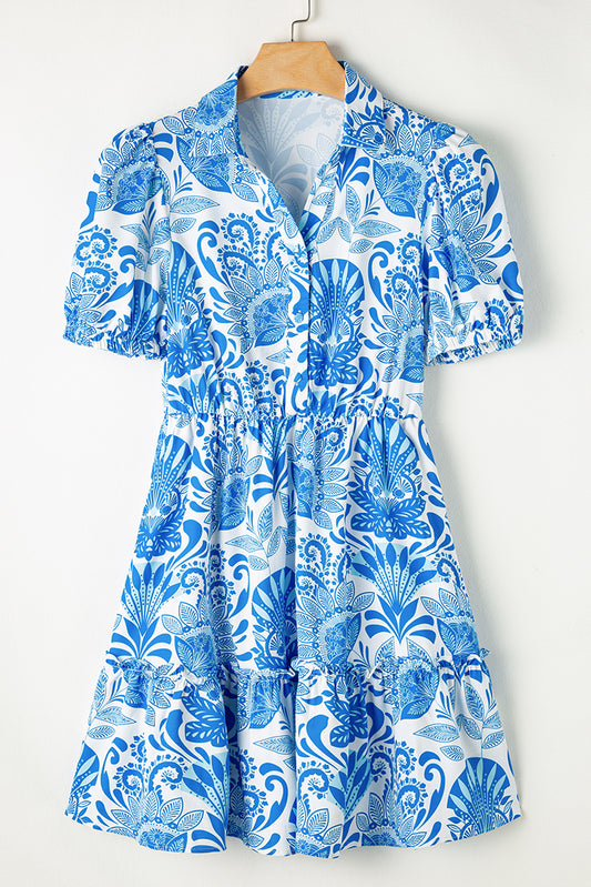 Robe courte à volants avec cordon de serrage à la taille et imprimé floral rétro bleu ciel