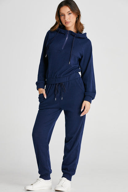 Marineblauwe geribbelde gebreide cropped hoodie en trekkoordjoggingbroekset