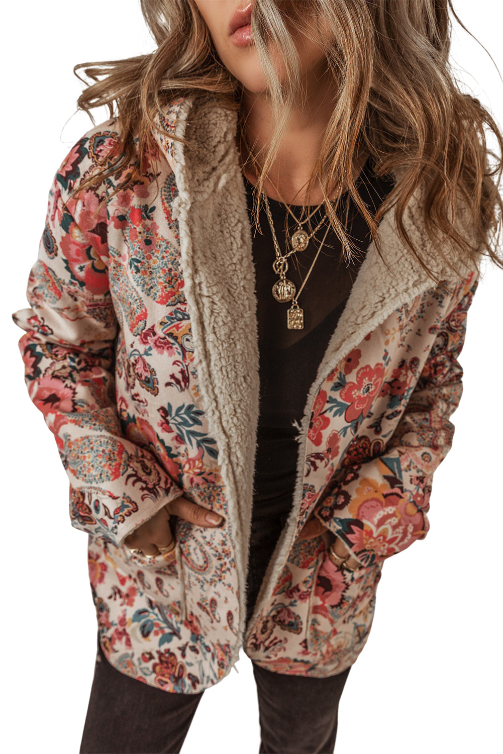 Beige Vintage Paisley Bloemenprint Sherpa Gevoerde Capuchon Jas