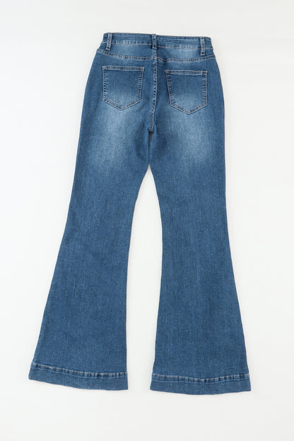 Blauwe jeans met hoge taille en naden en stiksels en flared zakken