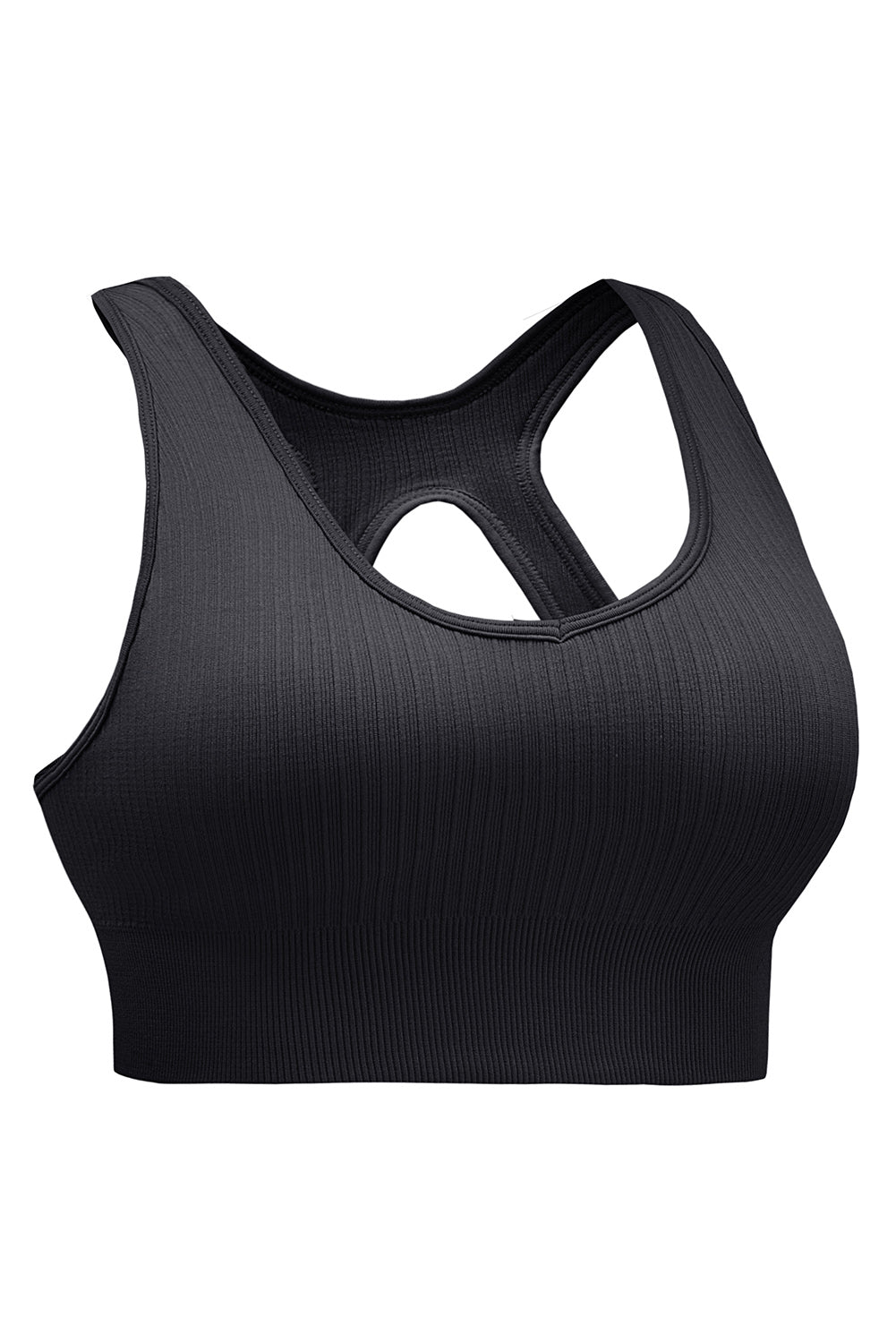 Black Ribbed Hollow-out Racerback Yoga Sports Bra