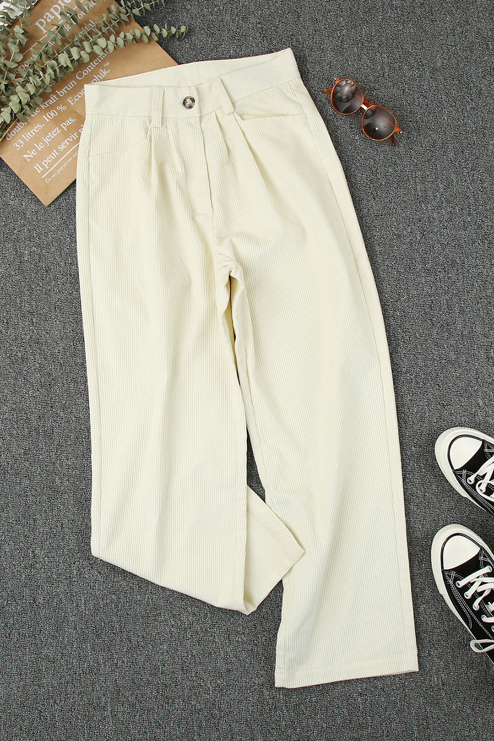 Beige Corduroy Hoge Taille Rechte Broek