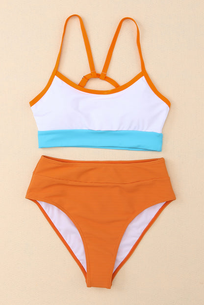 Orange Color Block Spaghetti Strap High Waist Bikini Swimsuit